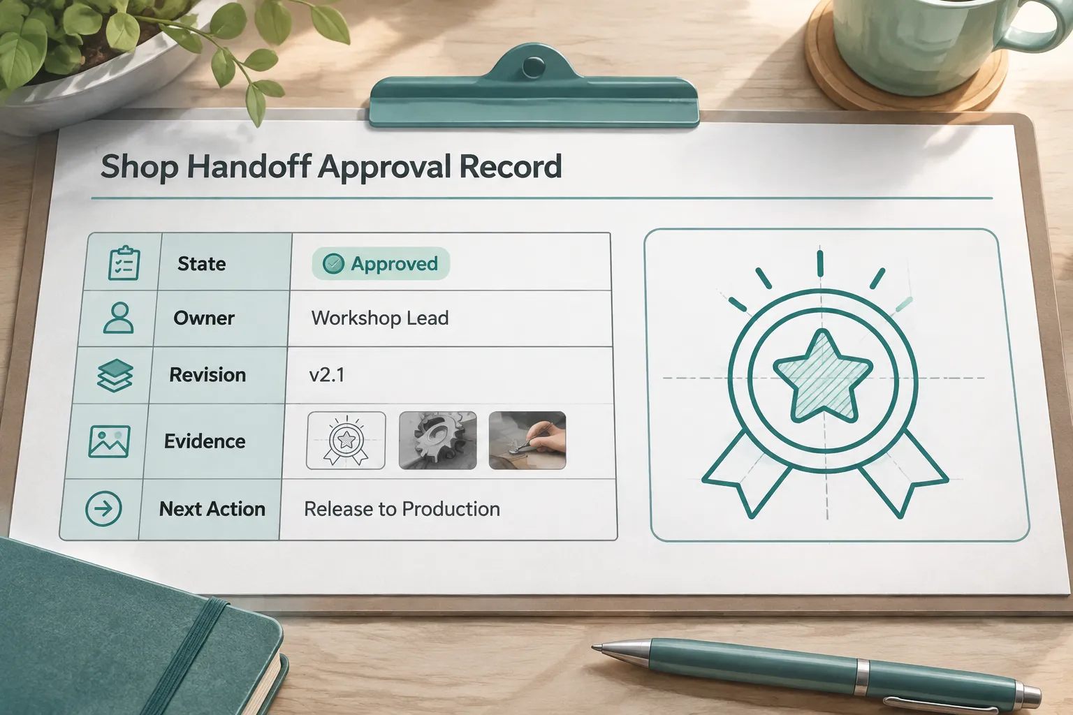 Compact shop handoff approval record with state, owner, revision, evidence, and next action fields