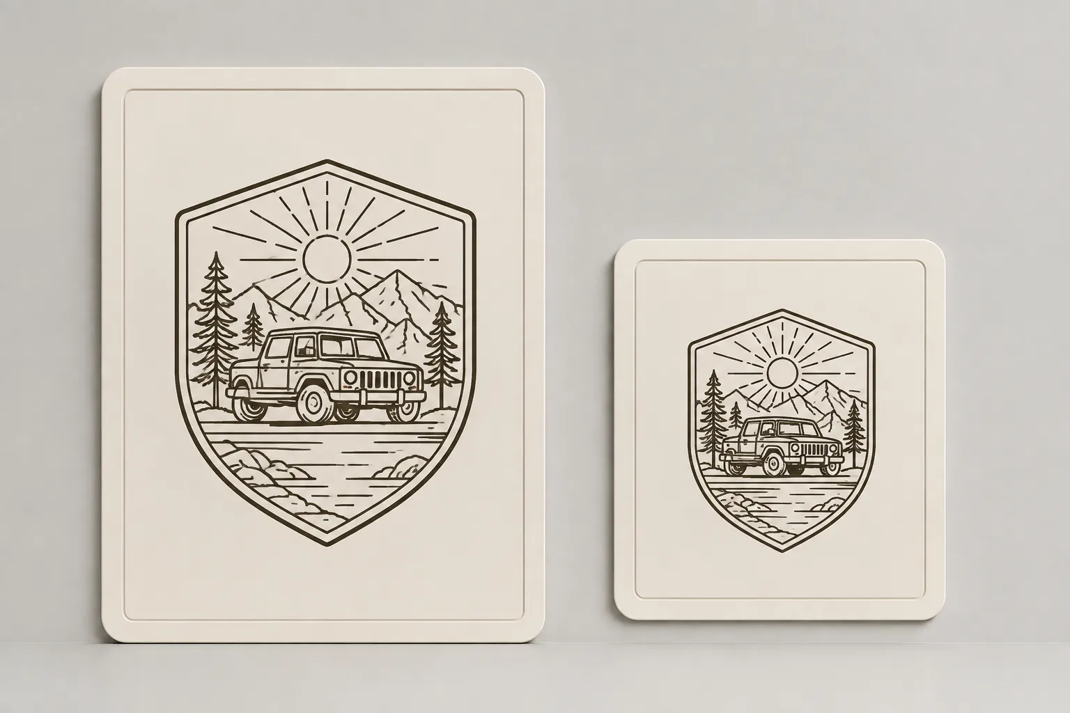 Line-art badge concepts compared across plaque placement and scale