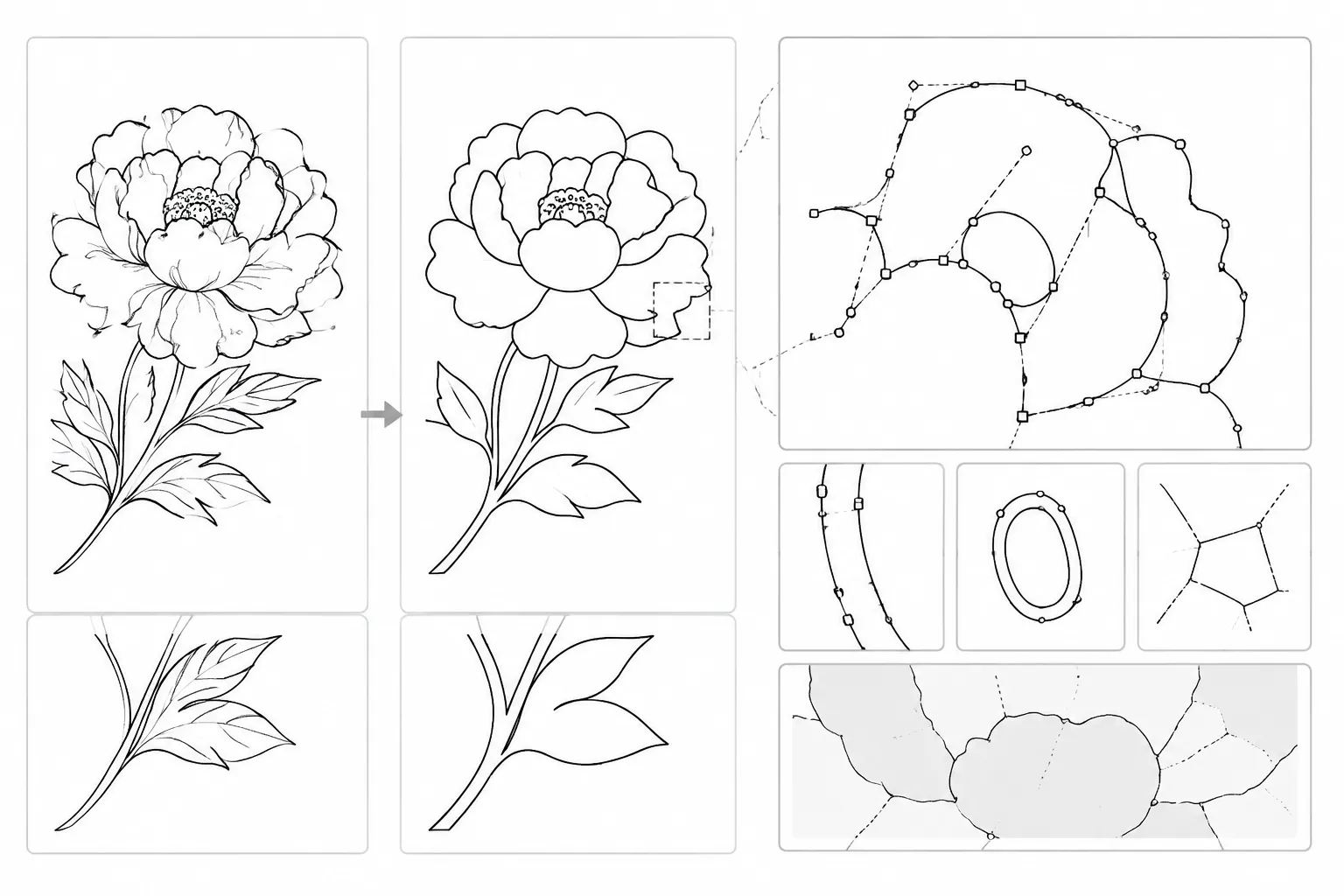 Line-art review board showing original artwork, simplified artwork, and enlarged vector path view