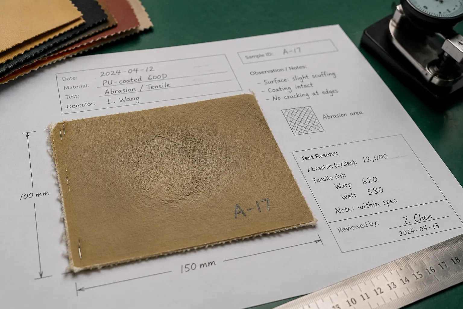 Recorded material test piece with labeled process conditions