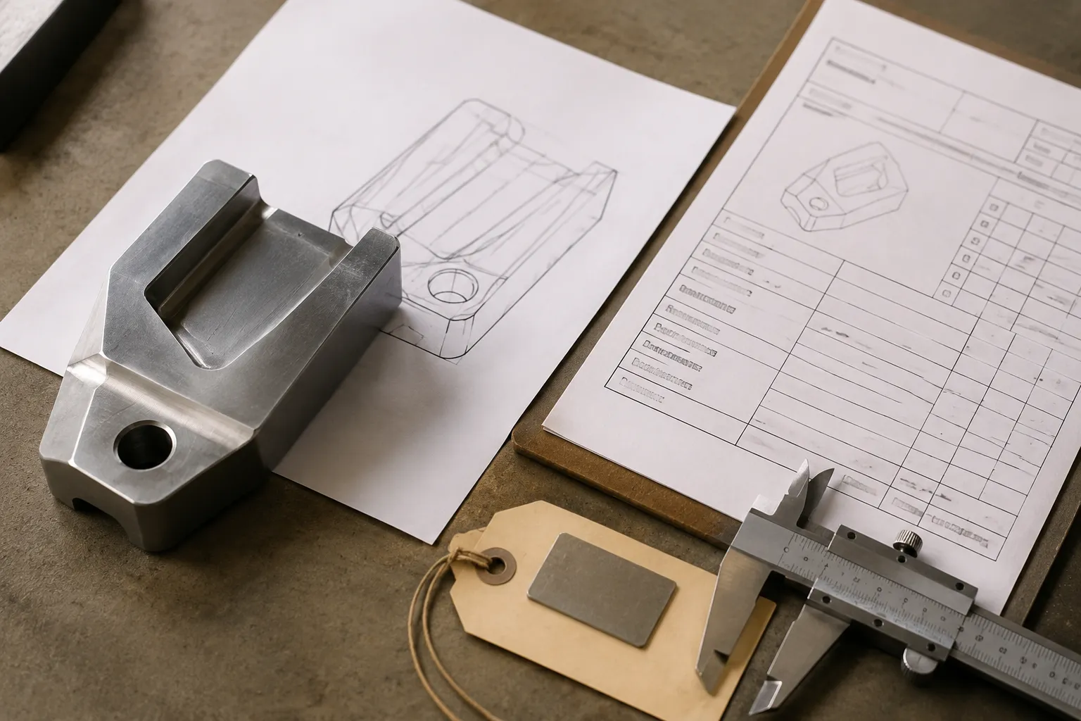 Hypothetical material test piece beside a revision-specific acceptance record and shop handoff notes