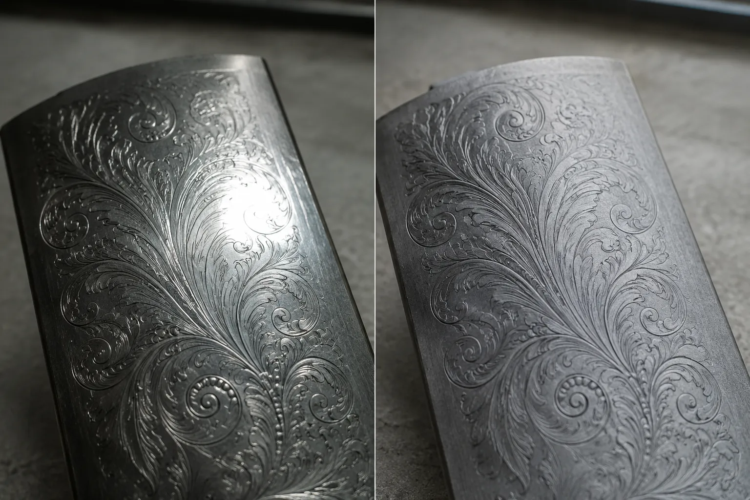 Engraved sample photographed under different lighting and viewing angles