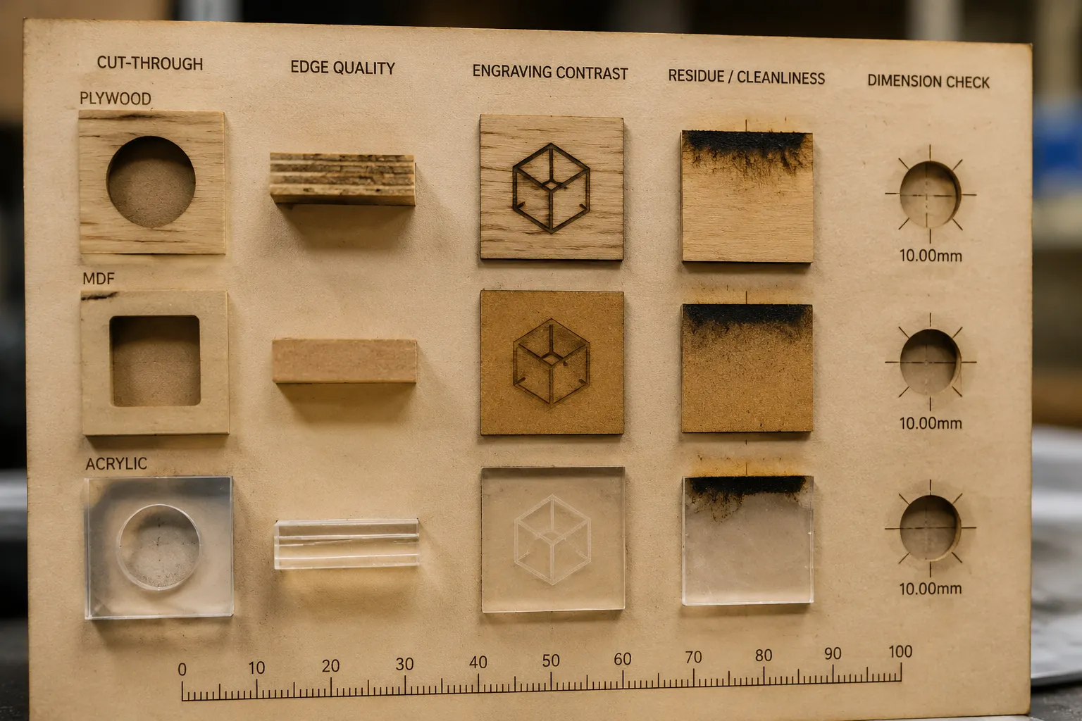 Material test piece record with machine, substrate, and observed output fields