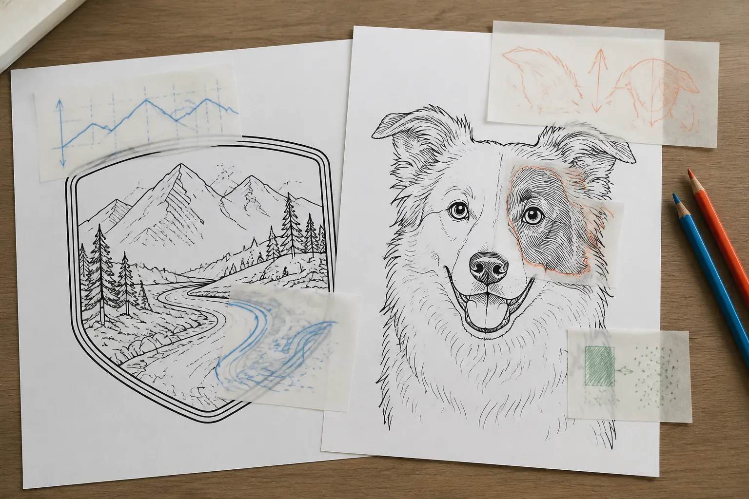 Annotated landscape badge and pet portrait showing identity-bearing contours and removable details