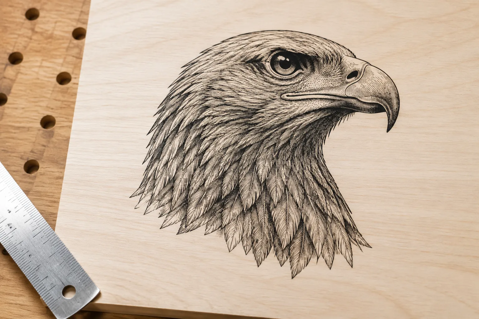 Line-art engraving concept positioned over a material test surface