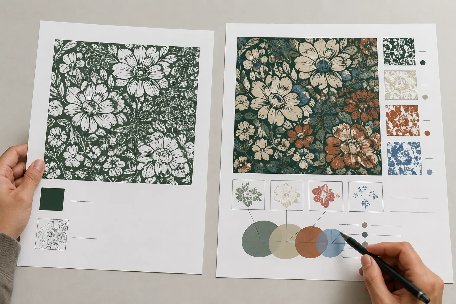Documented shop handoff review of layered line-art concepts