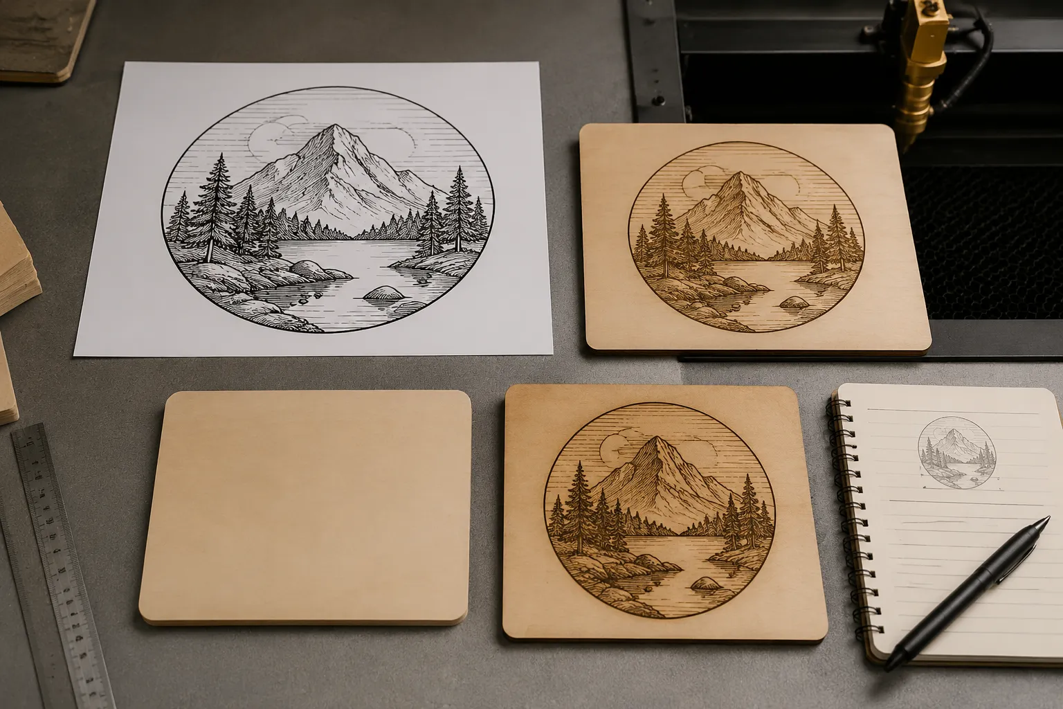 Comparison of concept preview, mockup, planned test piece, and documented sample