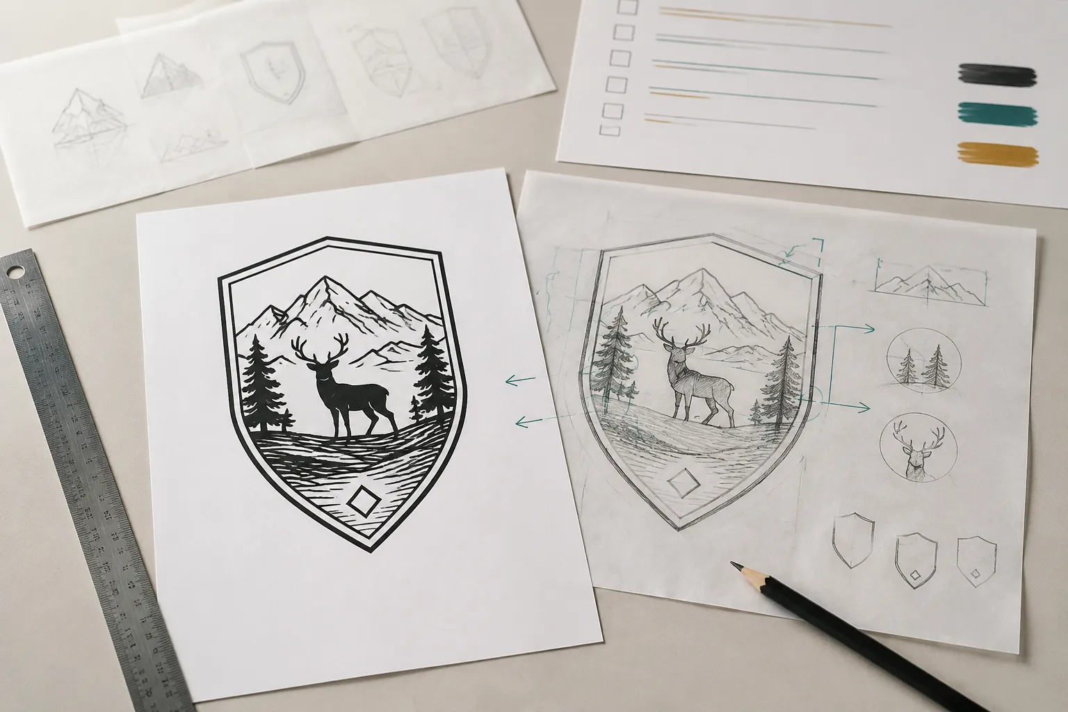 Line-art concept brief with annotated contours, protected details, open decisions, and shop review notes