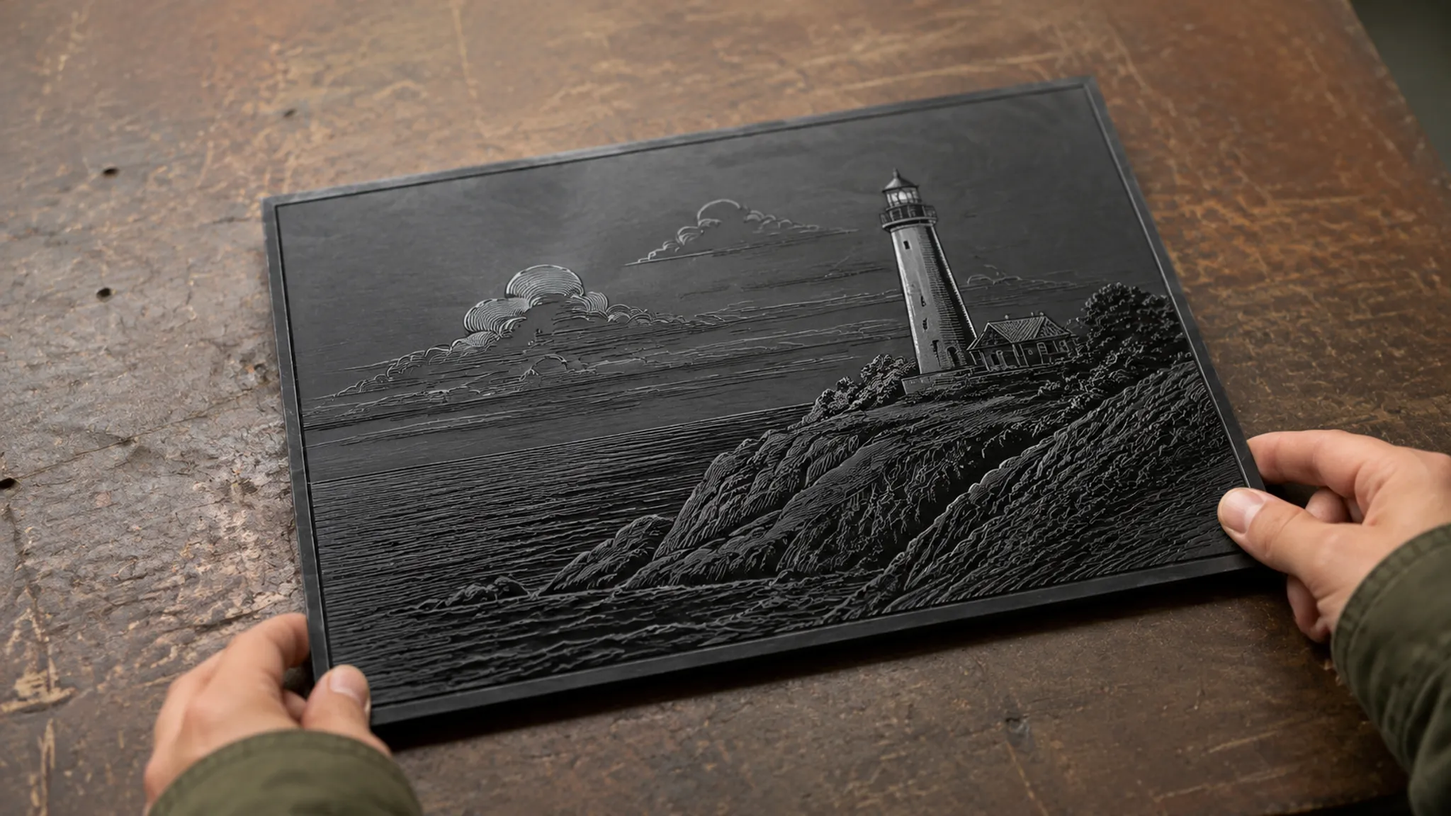 Material-context mockup showing final-scale line art, lettering, counters, and filled regions on a plaque