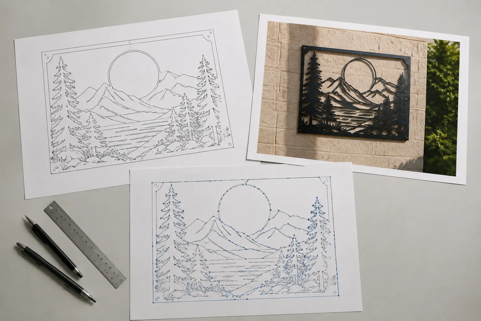 Concept preview, material-context mockup, and vector path view shown as distinct review artifacts