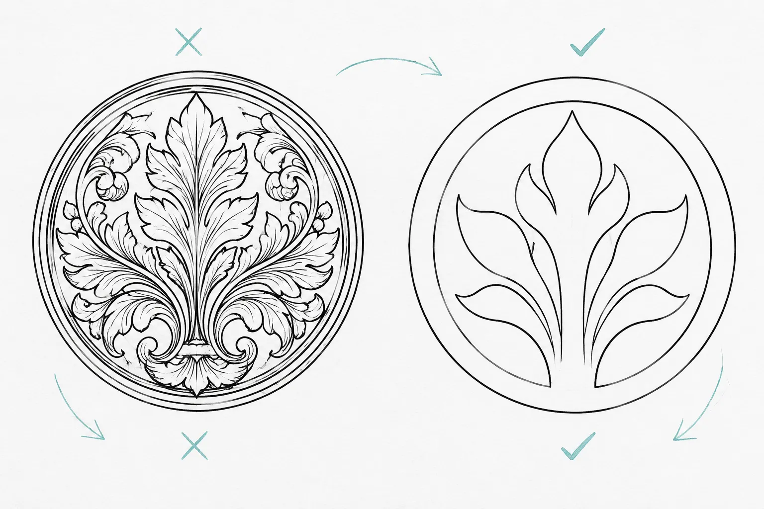 Hypothetical side-by-side line-art comparison of a detailed ornamental crest and a simplified open badge
