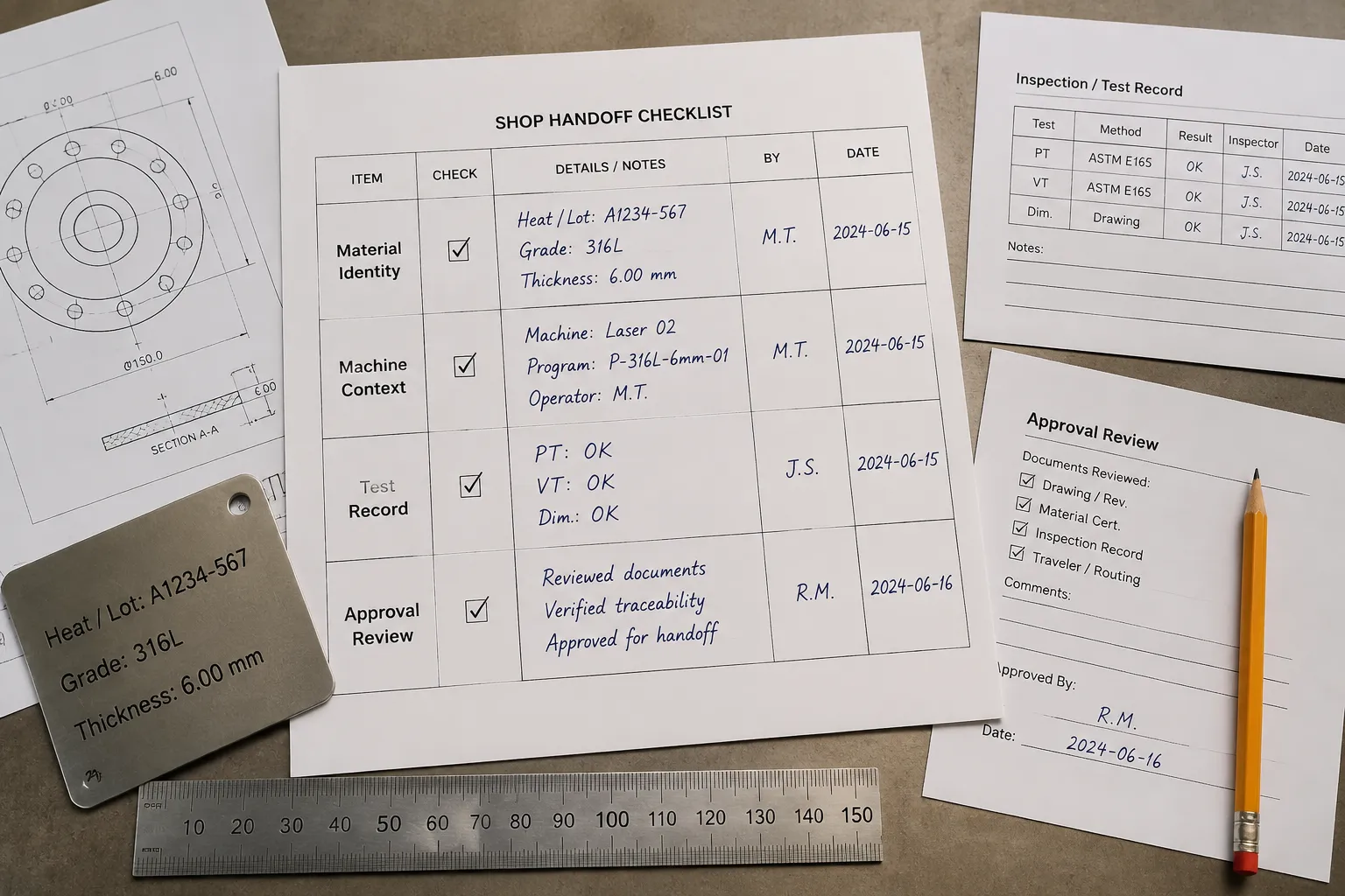 Shop handoff checklist connecting material, equipment, testing, and approval