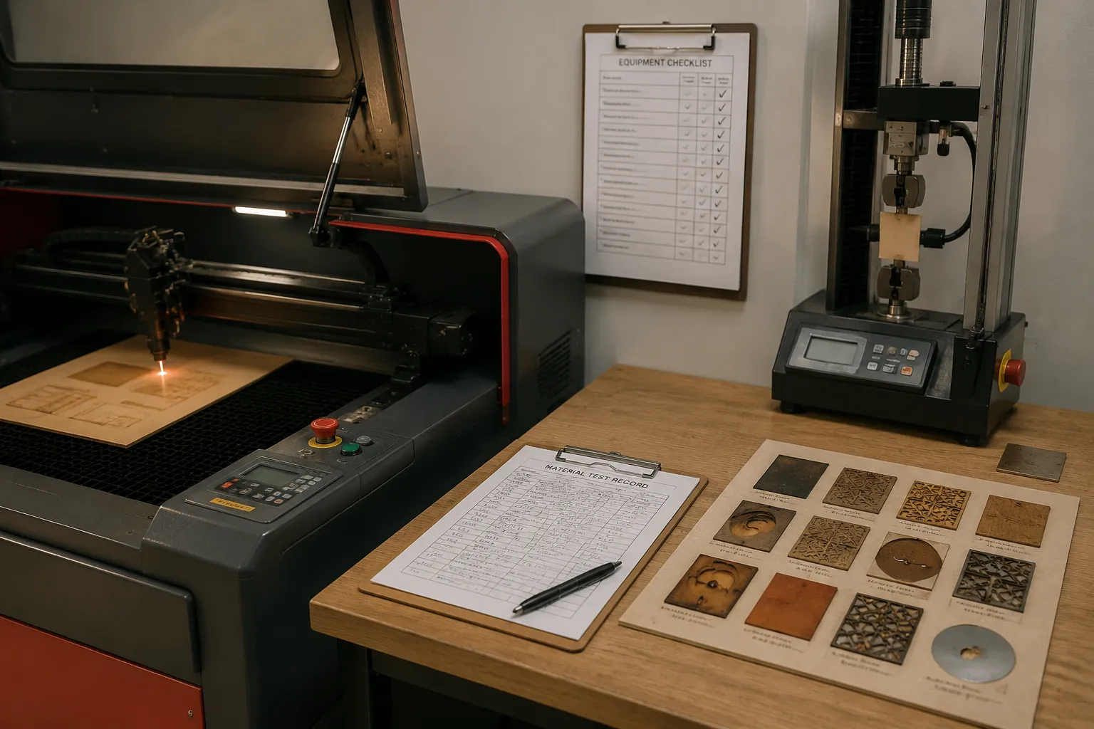 Laser equipment record beside a material test setup