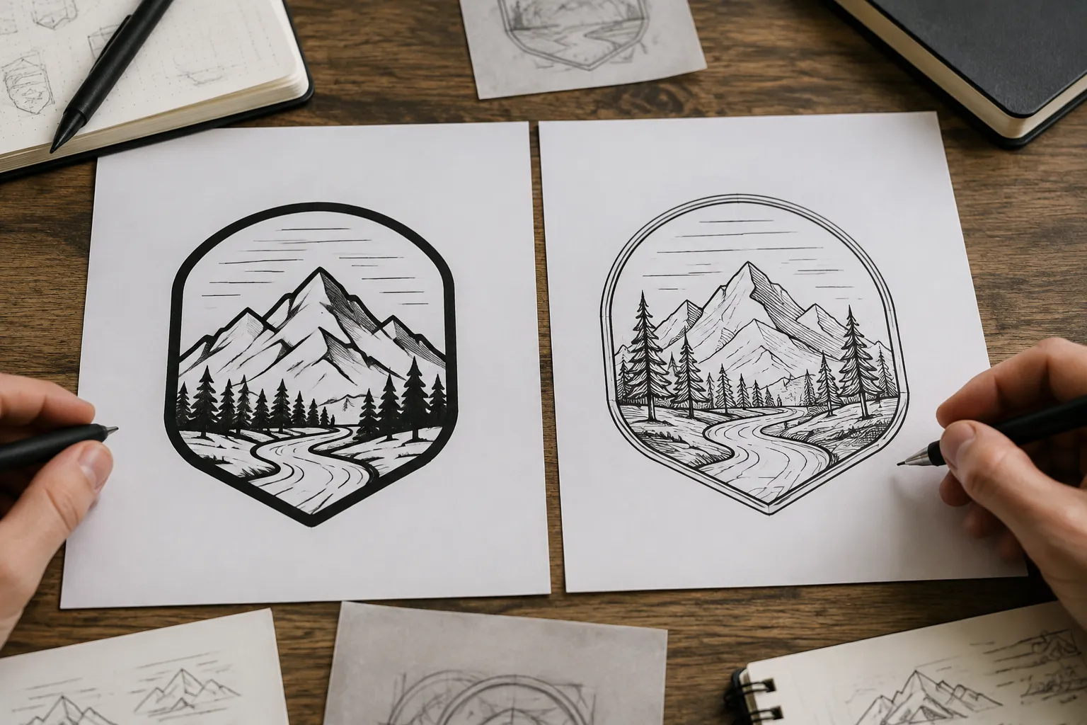 Two line-art badge concepts compared by contour weight, interior detail, and unresolved production checks