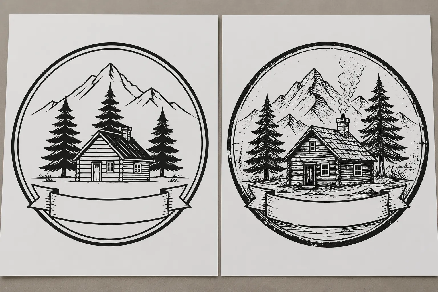 Two hypothetical cabin badge concepts comparing clean contours with detailed textured line work