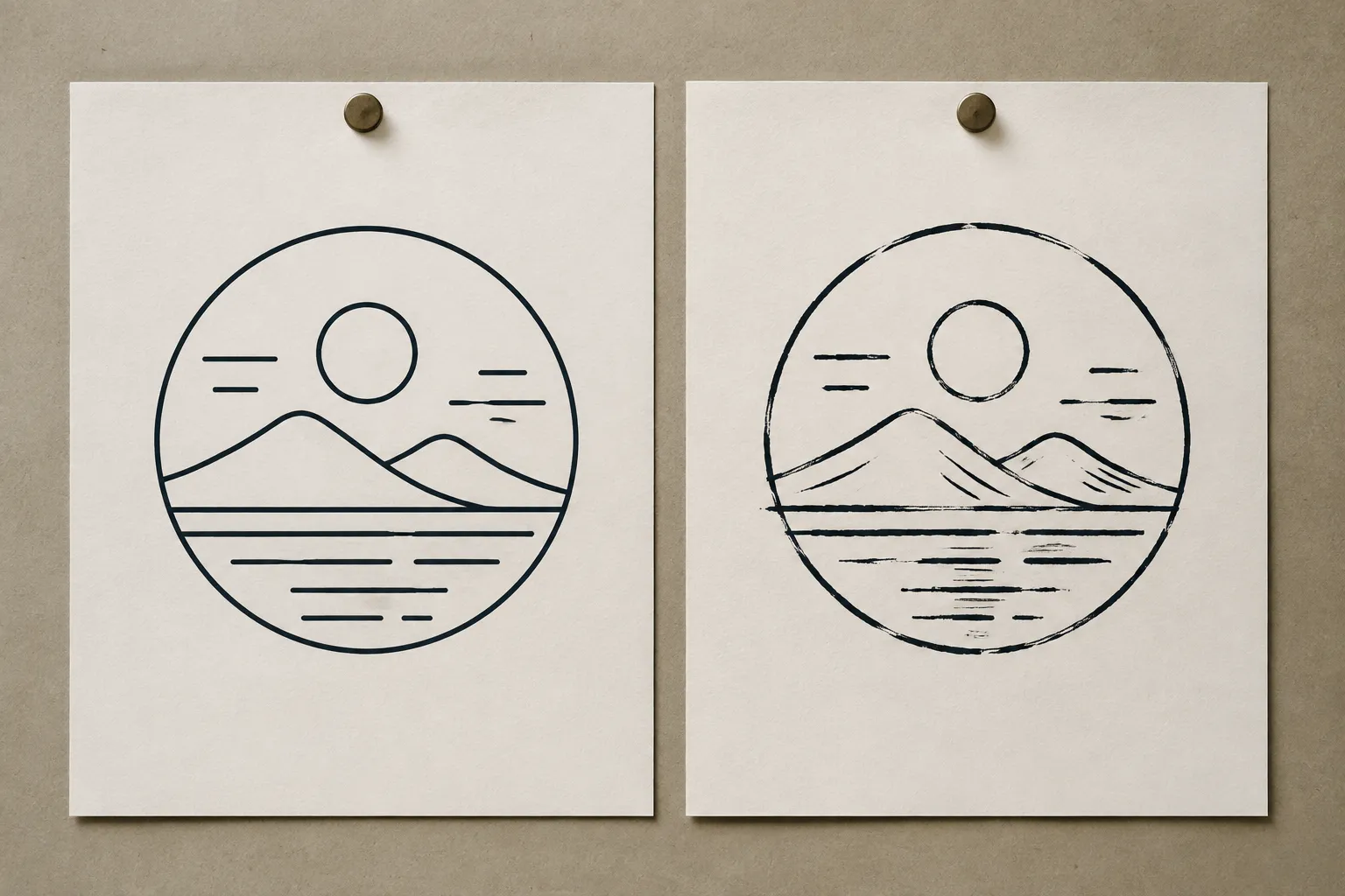 Side-by-side clean contour and textured line-art treatments of the same badge concept