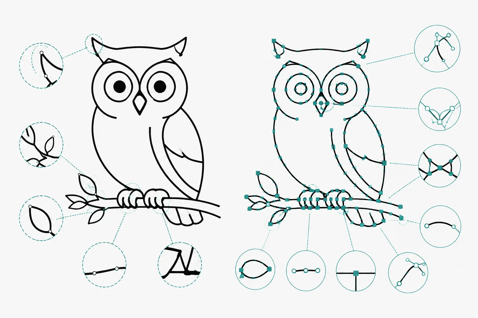 Editable path view comparing nodes, contours, junctions, bridges, gaps, and counters in simplified small line art