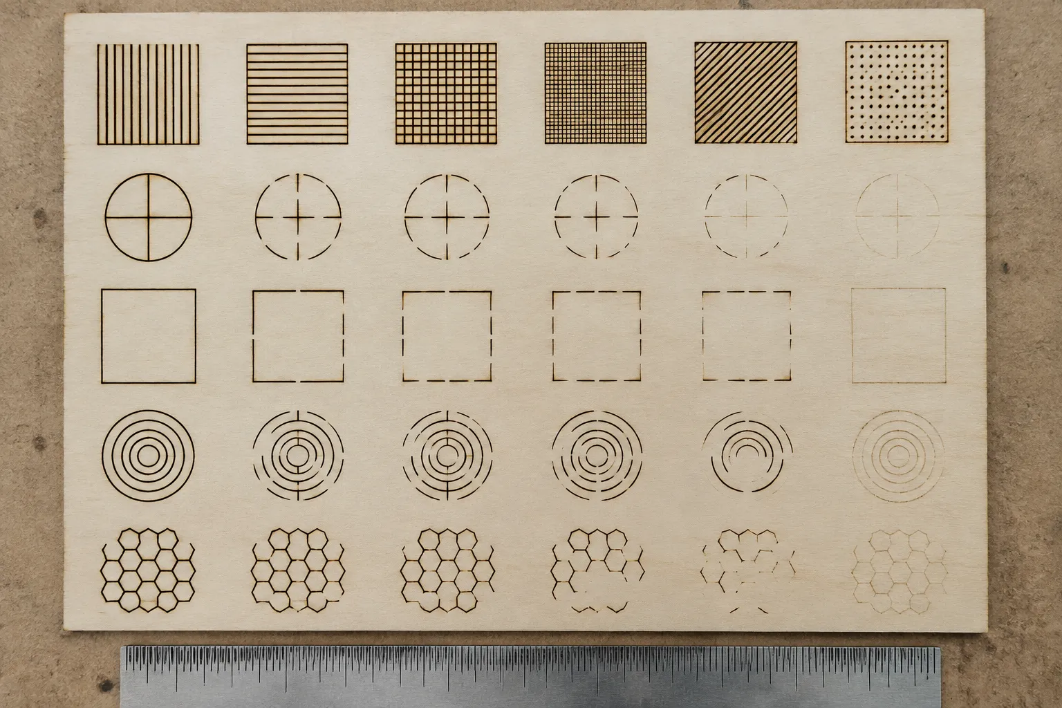 Photographed laser engraving sample with reference scale and visible defect comparison