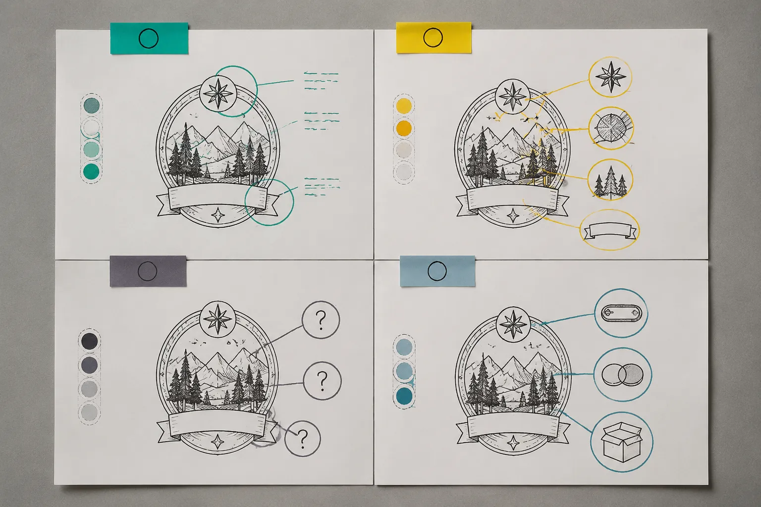 Four-part line-art brief board separating mandatory, optional, unresolved, and shop-dependent details