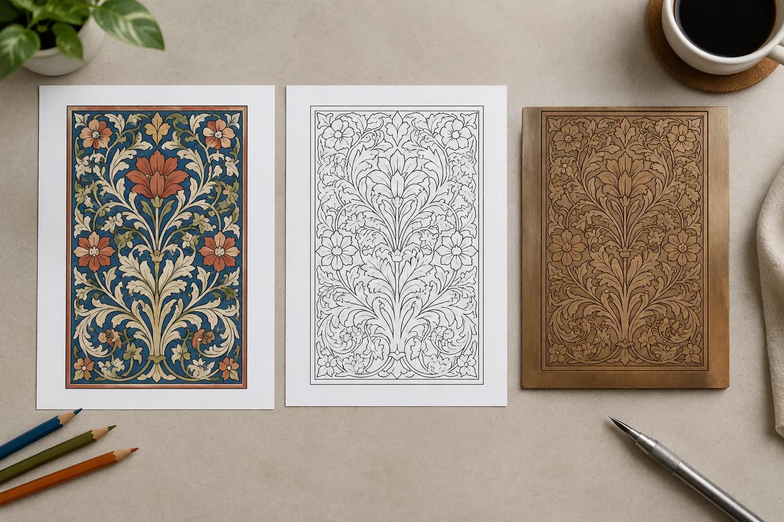 Comparison sheet showing source artwork, path view, and photographed engraving sample